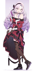 1girl absurdres air_jordan air_jordan_1 bare_shoulders black_hairband black_shoes breasts brown_gloves brown_thighhighs choker cleavage cloba clothes_lift commentary_request detached_sleeves dress dress_lift drill_hair full_body garter_straps gloves gradient_background hairband heart-shaped_mouth highres hyakumantenbara_salome hyakumantenbara_salome_(1st_costume) large_breasts lifting_own_clothes long_hair looking_at_viewer nijisanji nike_(company) open_mouth purple_background purple_choker purple_eyes purple_hair red_dress revision shoes signature skirt_hold smile sneakers solo standing thighhighs two-tone_background virtual_youtuber white_background