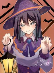 1girl absurdres ado_(utaite) bat_(animal) black_hair blue_eyes blue_flower blue_hair blue_rose blush bow bowtie chando_(ado) claw_pose cloud_nine_inc collared_dress colored_inner_hair commentary dress english_text engrish_text flower flower_brooch hair_between_eyes halloween halloween_costume hands_up happy_halloween hat highres holding holding_lantern lantern long_hair long_sleeves looking_at_viewer mole mole_under_eye multicolored_hair outline purple_bow purple_bowtie purple_hat ranguage rose sidelocks slit_pupils smile solo tsukuno_tsuki two-tone_hair upper_body utaite white_outline witch_hat