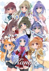 Rule 34 | 6+girls, amano mishio, animal ears, backpack, bag, black legwear, black skirt, blue hair, braid, copyright name, denim, denim shorts, fake animal ears, food, hair over shoulder, highres, izumi rei, kanon, kawasumi mai, kurata sayuri, long hair, minase akiko, minase nayuki, misaka kaori, misaka shiori, mittens, multiple girls, orange hair, ponytail, rabbit ears, ribbed sweater, sawatari makoto, school uniform, short hair, shorts, single braid, skirt, sweater, sword, taiyaki, thighhighs, tsukimiya ayu, twintails, wagashi, weapon, white sweater