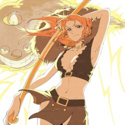 alternate_costume alternate_hairstyle arm_up armpits belt braid breasts capelet cleavage clima-tact cloud crop_top fur-trimmed_capelet fur_trim hat highres jewelry lightning long_hair looking_at_viewer nami_(one_piece) nami_(one_piece)_(elbaf) navel necklace official_alternate_costume official_alternate_hairstyle one_piece orange_eyes orange_hair rachel_t_212 skirt smile staff zeus_(one_piece)