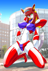Rule 34 | 1girl, arm blade, armor, blush, boots, breasts, brown hair, colored skin, covered erect nipples, embarrassed, fins, full body, green eyes, hand on own stomach, head fins, high heel boots, high heels, highres, kneeling, large breasts, long hair, matenrou, mazinger (series), mecha, metal hair, metal skin, panties, parted lips, pauldrons, red boots, red panties, robot, robot girl, shoulder armor, solo, super robot, thigh boots, underwear, venus a, weapon, white skin