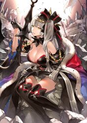 1girl arm_at_side bare_shoulders black_choker black_dress black_gloves black_thighhighs breasts cape choker cleavage detached_sleeves dress fate/grand_order fate_(series) fleur-de-lis fleur-de-lis_print front_slit fur-trimmed_cape fur_trim game_cg ginka_sima gloves hair_ornament half_gloves hand_up hoop_skirt large_breasts layered_dress long_dress long_hair looking_at_viewer marie_antoinette_(fate) marie_antoinette_alter_(fate) marie_antoinette_alter_(third_ascension)_(fate) official_art parted_lips plunging_neckline rubble short_sleeves sidelocks sitting solo strapless strapless_dress thighhighs third-party_source weapon white_hair yellow_eyes