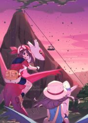 ariekochan bandana blue_eyes blue_shirt blue_wings breasts brown_hair dragon english_text forest gen_3_pokemon hat highres jacket latias latios legendary_pokemon looking_at_another may_(pokemon) medium_breasts medium_hair midair nature nintendo pokemon pokemon_(creature) pokemon_frlg pokemon_rse red_bandana red_jacket red_wings riding shirt sunset volcano white_hat wings yellow_eyes