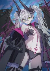 1girl black_jacket black_panties breasts demon_wings fate/grand_order fate_(series) green_eyes highres horns jacket lilith_(fate) lilith_(second_ascension)_(fate) long_hair medium_breasts moda_sansy0 navel panties pointy_ears pubic_tattoo smile solo tattoo twintails underwear white_hair wings