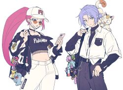 1boy 1girl arbok baseball_cap black_pants blue_eyes blue_hair cacnea cellphone charm_(object) creatures_(company) crop_top dustox game_freak gen_1_pokemon gen_2_pokemon gen_3_pokemon gen_4_pokemon gen_7_pokemon gen_8_pokemon green_eyes growlithe hat highres holding holding_phone jacket james_(pokemon) jessie_(pokemon) looking_at_phone mareanie meowth mime_jr. morpeko nintendo open_clothes open_jacket pants phone pink_hair pkgllllllv pokemon pokemon_(anime) pokemon_(creature) smartphone sunglasses team_rocket weezing white_background white_pants wobbuffet