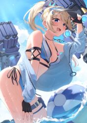 1girl arm_strap arm_up ball beachball bikini black_gloves blonde_hair blue_bikini blue_eyes blue_jacket blue_sky breasts cloud commentary cowboy_shot criss-cross_straps eyes_visible_through_hair fingerless_gloves from_side gloves hair_between_eyes half_gloves hand_on_headwear high_ponytail highres jacket leaning_forward long_hair looking_at_viewer mechanical_arms medium_breasts morros multicolored_bikini ocean off_shoulder open_mouth original ponytail pouch side-tie_bikini_bottom sky solo swimsuit teeth tekkou-chan_(morros) thigh_pouch thigh_strap thighs triangle_necklace two-tone_bikini upper_teeth_only visor_cap water white_bikini