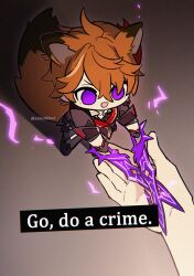 1boy animal_ears black_footwear black_gloves caption earrings electricity english_text fox_boy fox_ears fox_tail genshin_impact giving gloves go_do_a_crime_(meme) grey_jacket grey_pants half_gloves highres holding holding_sword holding_weapon jacket jewelry liquid_weapon long_sleeves male_focus mask mask_on_head meme open_mouth orange_hair pants red_mask red_scarf sakon04 scarf short_hair simple_background single_earring smile sword tail tartaglia_(delusion)_(genshin_impact) tartaglia_(genshin_impact) weapon