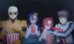 2boys 2girls amate_yuzuriha amuro_ray beanie black_background blonde_hair brown_eyes brown_hair char&#039;s_counterattack char_aznable commentary couch drink eating eyewear_on_head food grey_eyes gundam gundam_gquuuuuux hair_ornament hairclip hat heart heart-shaped_eyewear highres holding holding_drink holding_food jacket long_hair mecha_pilot_suit multiple_boys multiple_girls normal_suit_(gundam) nyaan_(gundam_gquuuuuux) on_couch one_side_up open_mouth pom_pom_(clothes) pom_pom_beanie popcorn purple_hair red_hair shirt short_hair shutter_shades simple_background sitting smile sunglasses symbol-only_commentary yellow_eyes yy0880yy