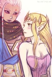 2girls alternate_costume arm_around_waist arms_at_sides bare_arms bare_shoulders black_lips black_scarf blonde_hair blue_eyes blush breasts cleavage closed_mouth collarbone couple crown dark-skinned_female dark_skin dress earrings eye_contact facial_tattoo fringe_trim hyrule_warriors impa jewelry lips lipstick long_hair looking_at_another looking_back looking_down looking_up makeup medium_breasts multiple_girls muneate neck nintendo ping-viini pink_dress pointy_ears princess_zelda red_eyes sarashi scarf silver_hair smile straight_hair strapless strapless_dress tattoo the_legend_of_zelda upper_body watermark web_address yuri