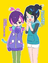 2girls :d absurdres black_hair black_shirt blue_eyes blue_hair blue_hoodie dot_(pokemon) green_pants hair_ornament hair_over_one_eye hairclip headphones headphones_around_neck highres hood hood_down hoodie jacket liko_(pokemon) long_sleeves looking_at_another multicolored_hair multiple_girls nintendo open_mouth outline pants pink_hair plus_ta pokemon pokemon_(anime) pokemon_horizons purple_eyes purple_hair purple_jacket shirt shorts sleeves_past_fingers sleeves_past_wrists smile three-quarter_sleeves translation_request two-tone_hair white_outline white_shorts
