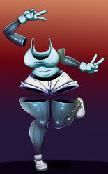 10s 1girl boku_no_hero_academia breasts double_v elbow_gloves female_focus full_body gloves gradient_background hagakure_tooru highres invisible invisible_girl large_breasts short_shorts shorts simple_background solo standing standing_on_one_leg tank_top thecon thick_thighs thighhighs thighs tisinrei v