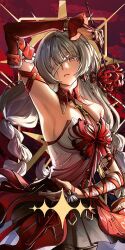 Rule 34 | 1girl, arm up, bandaged arm, bandages, bare shoulders, black skirt, breasts, commentary, detached sleeves, dress, english commentary, fingernails, flower, gradient clothes, gradient dress, holding, holding flower, medium breasts, nail polish, phrolova (wuthering waves), red dress, red nails, redricewine, single detached sleeve, skirt, solo, spider lily, tacet mark (wuthering waves), wuthering waves