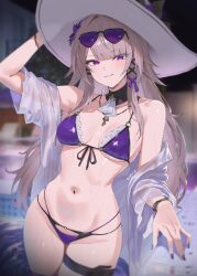 1girl absurdres alternate_costume ascot bare_shoulders bikini blurry blurry_background breasts brown_hair commentary eyewear_on_head fingernails flower front-tie_bikini_top front-tie_top groin hair_flower hair_ornament hair_ribbon hand_on_headwear hand_on_own_hat hat herta_(honkai:_star_rail) highres honkai:_star_rail honkai_(series) jewelry key key_necklace long_hair looking_at_viewer medium_breasts multi-strapped_bikini_bottom nail_polish navel necklace nvl open_clothes open_shirt parted_lips purple-tinted_eyewear purple_bikini purple_eyes purple_flower purple_nails purple_ribbon ribbon shirt smile solo stomach sunglasses swimsuit the_herta_(honkai:_star_rail) thighs tinted_eyewear twitter_username very_long_hair wet white_ascot white_hat white_shirt witch_hat