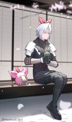 1boy architecture armor black_boots black_jacket black_pants boots bow chest_strap closed_eyes creature cup dragon_quest_tact drinking east_asian_architecture final_fantasy final_fantasy_vii final_fantasy_vii_ever_crisis full_body grey_hair hair_between_eyes hair_bow highres holding holding_cup jacket monan pants parted_bangs pauldrons pink_fur red_bow sephiroth sephiroth_(ever_crisis) short_hair shoulder_armor sitting turtleneck twitter_username zi_(murasaki0615)