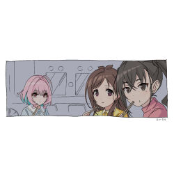 Rule 34 | #unicus (idolmaster), 3girls, ahoge, brown hair, chopsticks, closed mouth, crossed bangs, food, food on face, hair between eyes, hair intakes, highres, holding, holding chopsticks, idolmaster, idolmaster cinderella girls, kakki (kackie), long hair, looking at viewer, mole, mole under eye, multicolored hair, multiple girls, pink eyes, pink hair, purple eyes, shirt, sunazuka akira, tsujino akari, twintails, two-tone hair, upper body, yellow shirt, yumemi riamu