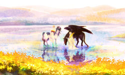 Rule 34 | 2girls, aohato, blonde hair, dress, field, flower, flower field, highres, horse, long hair, multiple girls, pegasus, pixiv fantasia, pixiv fantasia 4, pointy ears, riding, scenery, short hair, water, white dress