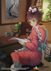 1girl apron bonsai bow brown_hair cabinet choppy_bangs company_name copyright_name crumpled_paper cushion day full_body hair_bow holding holding_paintbrush holding_paper indoors japanese_clothes kimono lantern looking_at_object maid_apron nihongami obi official_art open_window paintbrush painting_(action) painting_(object) paper parted_lips pink_kimono plant potted_plant qurare_magic_library round_window rwael sash sitting socks solo tabi table tatami tree white_bow white_socks window yokozuwari zabuton