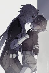 1boy 1girl absurdres artist_name belle_(zenless_zone_zero) black_coat black_pants black_shirt black_skirt breasts ccxvi_201116 coat crossed_bangs french_kiss greyscale greyscale_with_colored_eyes hair_between_eyes hand_on_another&#039;s_chin hashtag-only_commentary heavy_breathing highres hugo_vlad kiss medium_breasts monochrome necktie open_mouth pants shirt skirt twitching twitter_username white_necktie zenless_zone_zero