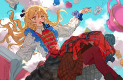 Rule 34 | 1boy, ahoge, black ribbon, blonde hair, book, brown eyes, cup, ensemble stars!, hair between eyes, hair ribbon, long sleeves, male focus, mashiro tomoya, open mouth, outdoors, ribbon, solo, teacup, yutsumoe