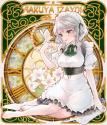 1girl adapted_costume apron barefoot bird bird_on_hand bow bowtie braid breasts character_name commentary_request floral_background flower green_bow green_bowtie green_eyes green_ribbon grey_hair hair_ribbon izayoi_sakuya lily_(flower) long_hair looking_at_animal maid maid_headdress marker_(medium) mosaic_background open_mouth puffy_short_sleeves puffy_sleeves ribbon s.mamiya short_sleeves smile solo toes touhou traditional_media twin_braids underbust white_apron white_bird white_flower white_lily