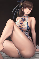 Rule 34 | 1girl, absurdres, bare shoulders, black background, breasts, brown eyes, brown hair, cleavage cutout, clothing cutout, eve (stellar blade), hair ornament, highres, knee up, ksksksa, large breasts, long hair, looking at viewer, one-piece swimsuit, simple background, solo, stellar blade, swimsuit