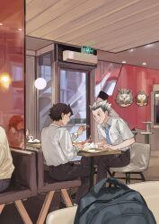 2boys akaashi_keiji backpack bag bird black_hair black_pants bokuto_koutarou breast_pocket ceiling_light chair chewing collared_shirt commentary_request cup disposable_cup door drinking_straw eco6716 eye_contact fast_food food_wrapper grey_hair haikyuu!! highres indoors looking_at_another male_focus multiple_boys owl pants people pocket restaurant sanpaku shirt shirt_tucked_in short_hair short_sleeves sitting slice_of_life soda spiked_hair table tray white_shirt wing_collar yellow_eyes