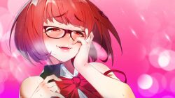 1girl blunt_bangs blush bob_cut bow bra_strap close-up drooling fang game_cg hair_ornament hairpin half-closed_eyes hand_on_own_cheek hand_on_own_face heart heart-shaped_pupils highres joo_mi-ra light_particles lovestruck miracle_snack_shop naughty_face non-web_source nose_blush official_art open_mouth orange_eyes orange_hair pink_background pink_lips purple-framed_eyewear raised_eyebrows rectangular_eyewear red_bow saliva shirt short_hair sleeveless sleeveless_shirt solo steam strap_slip sweat sweatdrop symbol-shaped_pupils ukero white_shirt
