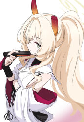 1girl alternate_costume alternate_hairstyle black_nails blonde_hair blue_archive breasts bridal_gauntlets broken_horn closed_mouth cosplay demon_horns detached_sleeves donutman fluffy_hair folded_fan folding_fan gradient_horns green_eyes halo hand_fan highres holding holding_fan horns japanese_clothes kimono long_hair looking_at_viewer multicolored_horns niya_(blue_archive) niya_(blue_archive)_(cosplay) orange_horns ponytail professor_niyaniya_(blue_archive) side_ahoge sideboob sideless_kimono sidelocks single_bridal_gauntlet small_breasts solo very_long_hair white_kimono wide_sleeves yellow_halo