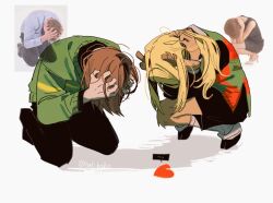 Rule 34 | ..., 1girl, 1other, antlers, black pants, black shirt, black skirt, blonde hair, brown hair, checkered clothes, checkered vest, commentary, deer antlers, deer girl, deltarune, english commentary, hat babo, heart, hooves, horns, kneeling, kris (deltarune), long hair, meme, noelle holiday, pants, photo inset, reference inset, shirt, short hair, signature, skirt, soul (deltarune), spoken ellipsis, squatting, vest