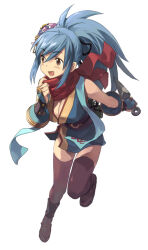 1girl :d black_sandals blue_dress blue_hair blush_stickers breasts brown_eyes brown_thighhighs cleavage commentary_request crescent dagger dress full_body high_ponytail holding holding_dagger holding_knife holding_weapon knife kunai large_breasts long_hair looking_afar meranie ninja ninja_(ragnarok_online) obi obijime open_mouth pinwheel_hair_ornament ponytail purple_sash ragnarok_online red_scarf reverse_grip running sandals sash scarf short_dress simple_background sleeveless sleeveless_dress smile solo thighhighs vambraces weapon white_background zouri