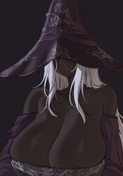 1girl b_project_18 bare_shoulders black_background black_dress breasts cleavage collarbone commentary dark-skinned_female dark_skin dress elden_ring elden_ring_nightreign english_commentary hat hat_over_eyes highres huge_breasts large_hat long_hair off-shoulder_dress off_shoulder parted_lips purple_hat purple_sleeves recluse_(elden_ring) sagging_breasts simple_background solo upper_body very_dark_skin very_long_hair white_hair witch witch_hat