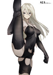 Rule 34 | 1girl, a2 (nier:automata), absurdres, android, armpits, artist name, bare shoulders, breasts, character name, covered navel, expressionless, floating hair, highres, large breasts, leg up, long hair, looking at viewer, mole, mole under mouth, nier:automata, nier (series), qtian, serious, simple background, split, standing, standing on one leg, standing split, thick thighs, thighs, torn clothes, white background, white hair