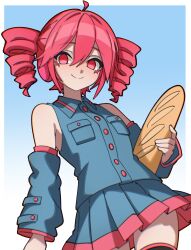 1girl absurdres ahoge arm_at_side baguette bare_shoulders black_sleeves blue_background blush border bread breast_pocket buttons closed_mouth collared_shirt commentary contrapposto detached_sleeves drill_hair english_commentary flat_chest food ghuler gradient_background hair_between_eyes highres holding holding_food kasane_teto kasane_teto_(utau) light_blush long_sleeves looking_at_viewer miniskirt pleated_skirt pocket red_eyes red_hair shirt skirt smile solid_oval_eyes solo thighhighs twin_drills utau white_background white_border wing_collar zettai_ryouiki