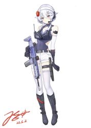 absurdres ammunition_pouch ankle_boots bare_shoulders belt black_gloves boots breasts clothing_cutout covered_navel elbow_gloves flower gloves grey_hair gun hair_flower hair_ornament highres jerry_wang knife long_hair looking_at_viewer microphone original pouch red_eyes shorts skin_tight skindentation small_breasts standing swimsuit tachi-e tactical_clothes thigh_gap thigh_pouch thigh_strap thighhighs walkie-talkie weapon white_background white_gloves white_thighhighs