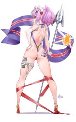 Rule 34 | 1girl, absurdres, azur lane, back, bare shoulders, blush, breasts, crown, flag, from behind, full body, hair ornament, hand on own hip, high heels, high ponytail, highres, holding, holding flag, holding polearm, holding weapon, javelin (azur lane), looking at viewer, looking back, polearm, ponytail, purple hair, purple slingshot swimsuit, royal navy emblem (azur lane), shoulder blades, simple background, slingshot swimsuit, solo, standing, swimsuit, thigh strap, thong, torpedo, uzda ricecake, weapon, white background
