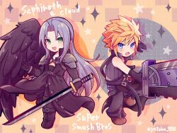 Rule 34 | 2boys, :o, arm up, armor, artist name, belt, black belt, black coat, black footwear, black gloves, black pants, black vest, black wings, blonde hair, blue eyes, boots, bracer, brown footwear, character name, chest strap, chibi, chibi only, cloud strife, coat, commentary, copyright name, drop shadow, feathered wings, fighting stance, final fantasy, final fantasy vii, final fantasy vii advent children, full body, fusion swords, gloves, green eyes, grey hair, hair intakes, hand up, high collar, highres, holding, holding sword, holding weapon, katana, knee boots, leg up, long bangs, long coat, long hair, long sleeves, male focus, masamune (ff7), multiple belts, multiple boys, nintendo, open mouth, pants, parted bangs, pauldrons, sephiroth, serious, short hair, shoulder armor, shoulder strap, single wing, smile, sparkle, spiked hair, star (symbol), super smash bros., sword, symbol-only commentary, twitter username, very long hair, vest, waist cape, weapon, wings, yataba