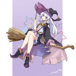 1girl black_boots black_cape black_skirt boots border braid broom broom_riding cape crossed_legs elaina_(majo_no_tabitabi) full_body hat holding holding_wand lamser long_hair looking_at_viewer majo_no_tabitabi outside_border purple_background purple_eyes side_braid signature skirt smile solo star_(symbol) wand white_border witch witch_hat