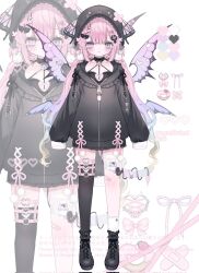 1girl :3 asymmetrical_legwear bandages bandaid bell black_boots black_choker black_hat black_hoodie black_ribbon black_thighhighs blue_eyes blush boots bow butterfly_hair_ornament cat_hair_ornament cat_ornament choker closed_mouth commission cross cross-shaped_pupils cross_earrings ear_piercing earrings fang food fruit gradient_tail hair_ornament hairclip hat heart heart-shaped_pupils heart_ornament heterochromia highres hood hood_down hoodie jewelry lace-up_boots long_hair long_sleeves looking_at_viewer mismatched_legwear neck_bell original piercing pink_bow pink_eyes pink_hair ribbon shishamosama single_sock single_thighhigh skin_fang sleeves_past_fingers sleeves_past_wrists socks strawberry symbol-shaped_pupils tail thigh_strap thighhighs very_long_sleeves white_socks wings zipper zipper_pull_tab zoom_layer