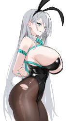 Rule 34 | 1girl, absurdres, animal ears, armpit crease, bare shoulders, black leotard, blue bow, blue bowtie, blue eyes, blue rope, blush, bow, bowtie, breasts, clenched hand, clenched teeth, commentary, covered navel, cowboy shot, detached collar, earrings, english commentary, fake animal ears, fake tail, grey hair, hair behind ear, highleg, highleg leotard, highres, huge breasts, jewelry, leotard, long hair, looking at viewer, looking to the side, milim nova, mole, mole on breast, multiple earrings, original, pantyhose, playboy bunny, rabbit ears, rabbit tail, rope, shibari, shibari over clothes, sideboob, simple background, strapless, strapless leotard, sweatdrop, tail, teeth, torn clothes, torn pantyhose, very long hair, white background, wrist cuffs