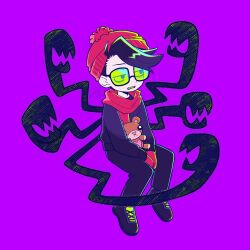 Rule 34 | 1boy, beanie, black hair, clenched teeth, full body, glasses, green eyes, hat, invisible chair, male focus, mittens, nergal junior, purple background, red scarf, scarf, sharp teeth, sitting, solo, stuffed animal, stuffed toy, teddy bear, teeth, tentacles, the grim adventures of billy &amp; mandy, tsunoji