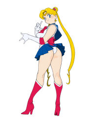 1girl absurdres ass bishoujo_senshi_sailor_moon blonde_hair blue_eyes blue_sailor_collar bow choker circlet crescent crescent_earrings double_bun earrings elbow_gloves gloves hair_bun hair_ornament heart heart_choker highres jewelry long_hair looking_back panties pantyshot red_bow red_choker sailor_collar sailor_moon sailor_moon_pose sailor_senshi sailor_senshi_uniform skirt smile solo thick_thighs thighs toshinoshin tsuki_ni_kawatte_oshioki_yo tsukino_usagi twintails underwear white_gloves white_panties