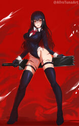 Rule 34 | 1girl, absurdres, afrotunaart, black boots, black hair, black leotard, boots, breasts, chainsaw man, facial scar, full body, highleg, highleg leotard, highres, holding, holding sword, holding weapon, large breasts, leotard, long hair, looking at viewer, mitaka asa, red background, red eyes, red ribbon, ribbon, scar, scar on cheek, scar on face, scar on leg, scar on nose, solo, standing, sword, thigh boots, twitter username, weapon