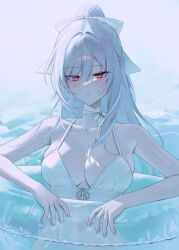 1girl absurdres alternate_costume bare_shoulders blush bow breasts closed_mouth collarbone commentary_request grey_hair hair_between_eyes hair_bow highres honkai:_star_rail honkai_(series) innertube jingliu_(honkai:_star_rail) korean_commentary large_breasts long_hair looking_at_viewer partially_submerged raki_kr red_eyes solo swim_ring upper_body wet white_bow