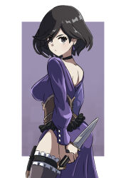 1girl absurdres black_choker black_eyes black_hair border breasts brown_corset choker cianter commentary corset dagger dress earrings english_commentary eyelashes highres holding holding_dagger holding_knife holding_weapon jewelry knife looking_at_viewer medium_breasts octopath_traveler octopath_traveler_ii outside_border purple_background purple_dress short_hair simple_background solo standing throne_anguis weapon white_border