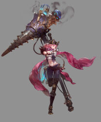 1girl absurdres armored_boots belt boots crop_top cropped_jacket dynamic_pose facing_viewer floating_scarf full_body hammer highres holding holding_hammer holding_weapon huge_weapon kang_jihun_(ahelove5427) long_hair midriff navel pants pink_hair pink_scarf purple_eyes scarf solo steampunk tight_clothes tight_pants war_hammer wavy_hair weapon