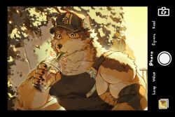 bara barrel_(live_a_hero) baseball_cap bubble_tea elbow_gloves fence gloves hat highres kiekoio live_a_hero looking_at_viewer plant road_sign sign sparkle tank_top viewfinder yellow_eyes