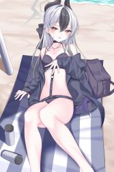 1girl absurdres bag bare_legs bare_shoulders beach black_choker black_hair black_horns blue_archive blush choker demon_horns demon_wings diamond_necklace ear_piercing earclip earrings grey_halo hair_between_eyes halo highres horns itami_riya jacket jewelry kayoko_(blue_archive) long_hair looking_at_viewer multicolored_hair off_shoulder open_clothes open_jacket piercing red_eyes single_wing solo sweat sweatdrop swimsuit two-tone_hair very_long_hair wings