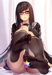 1girl 846-gou adversarial_noise anus ass black_serafuku black_shirt black_skirt black_thighhighs censored closed_mouth commentary_request fate/grand_order fate_(series) feet female_pubic_hair foot_focus glasses grey_eyes highres kurohime_(fate) long_hair long_sleeves looking_at_viewer no_panties pubic_hair sailor_collar scar scar_across_eye scar_on_face school_uniform serafuku shirt skirt soles solo star_censor sweat thighhighs thighs toes very_long_hair white_sailor_collar