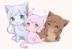 animal animal_focus animalization blue_fur blue_hair blush brown_eyes brown_fur brown_hair cat closed_mouth green_eyes idolmaster idolmaster_million_live! idolmaster_million_live!_theater_days kitazawa_shiho long_hair looking_at_another makabe_mizuki nako_(user_wnnm5534) no_humans open_mouth purple_fur purple_hair shiraishi_tsumugi short_hair simple_background small_sweatdrop star_(symbol) wavy_mouth white_background