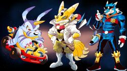 cosplay digimon fox_mccloud fox_mccloud_(cosplay) gabumon horns kart kitsune kyubimon kyuubi looking_at_viewer machgaogamon multiple_tails nintendo smile star_fox tail thumbs_up wheel wolf_o&#039;donnell wolf_o&#039;donnell_(cosplay)